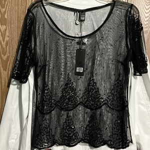 NWT BKE Boutique elegant black mesh beaded blouse